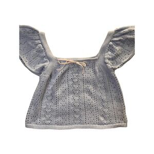 Haute Hippie Style Knit Top Women XL Blue Excellent Pointelle Flutter Sleeve Bow